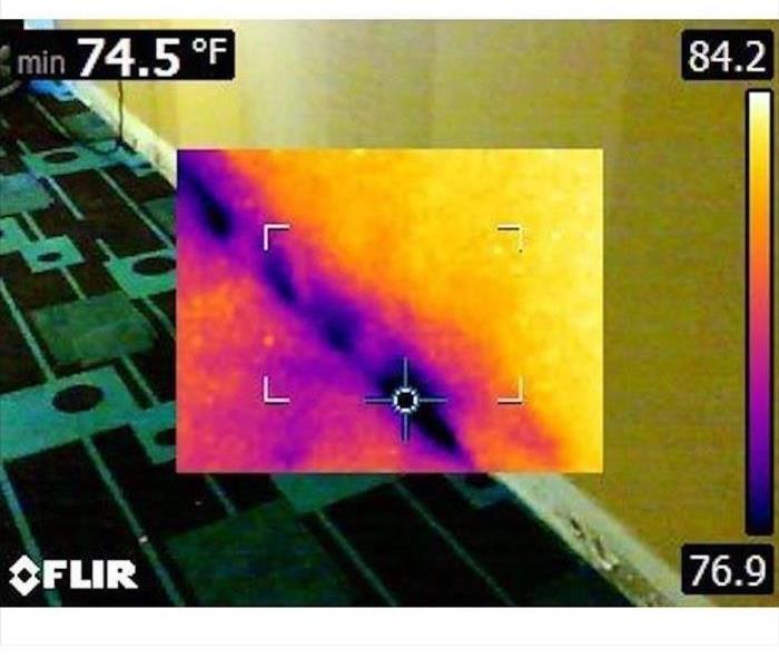 Thermal image depicting water behind hotel wall.